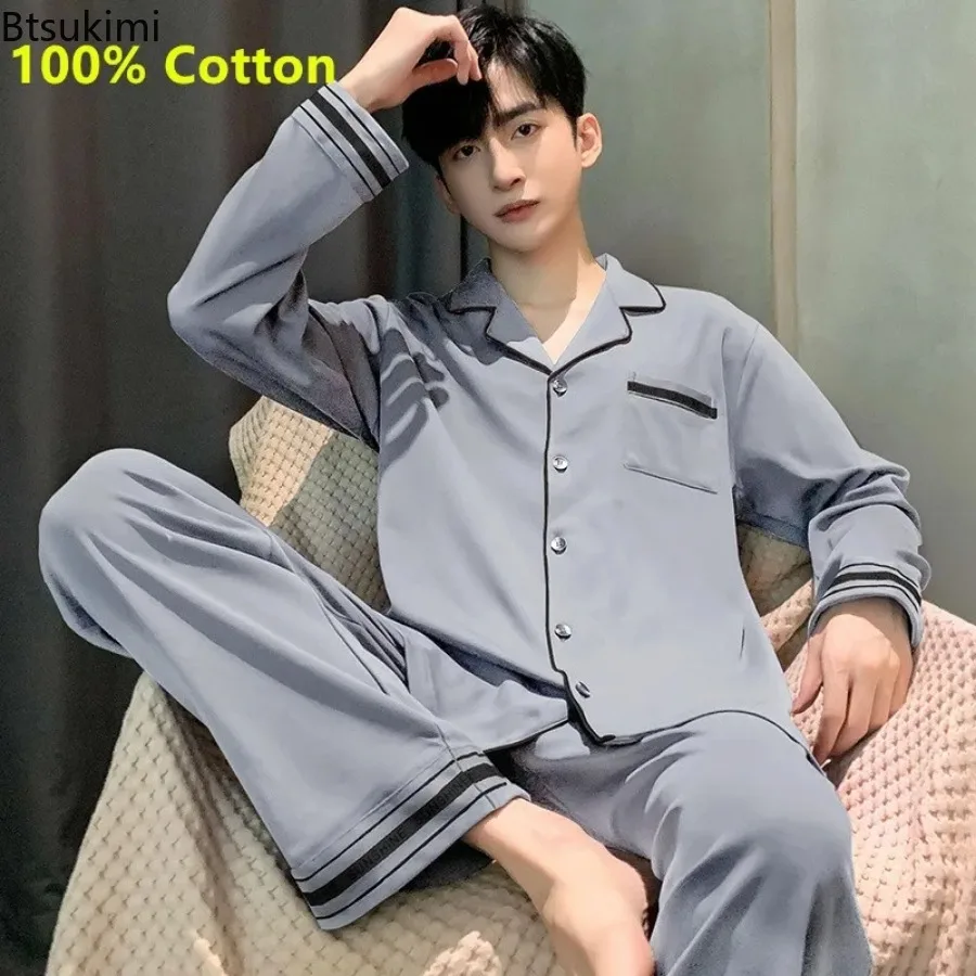 2024 Men\'s Pajamas Sets New 100% Cotton Long Sleeve+Pants Homewear Loungewear 2 Pieces Men Fashion Comfort Sleepwear Four Season