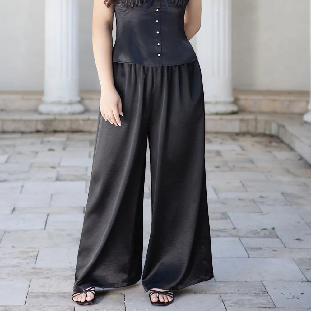 

Island Drape Effect Satin Loose Casual Wide Leg Pants Premium Plus Size Women Summer Elastic Waist Long Trousers 9110