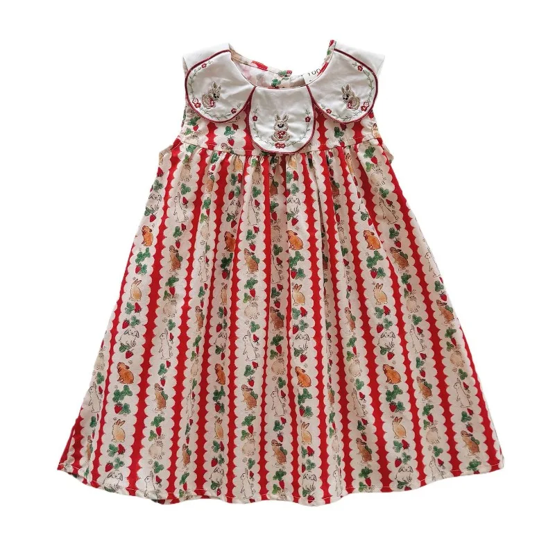 

Kids Girls Dress 2025 Summer New Cute Flower Lapel Rabbit Embroidered Baby Girls Dress Sweet Children's Princess Dress Korean