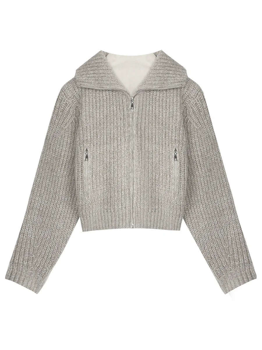 

Women's Chunky Needle Four Color Dyed Blended Knitwear Autumn Double Color Sweater Wool Blend Long Sve Zipper Closure