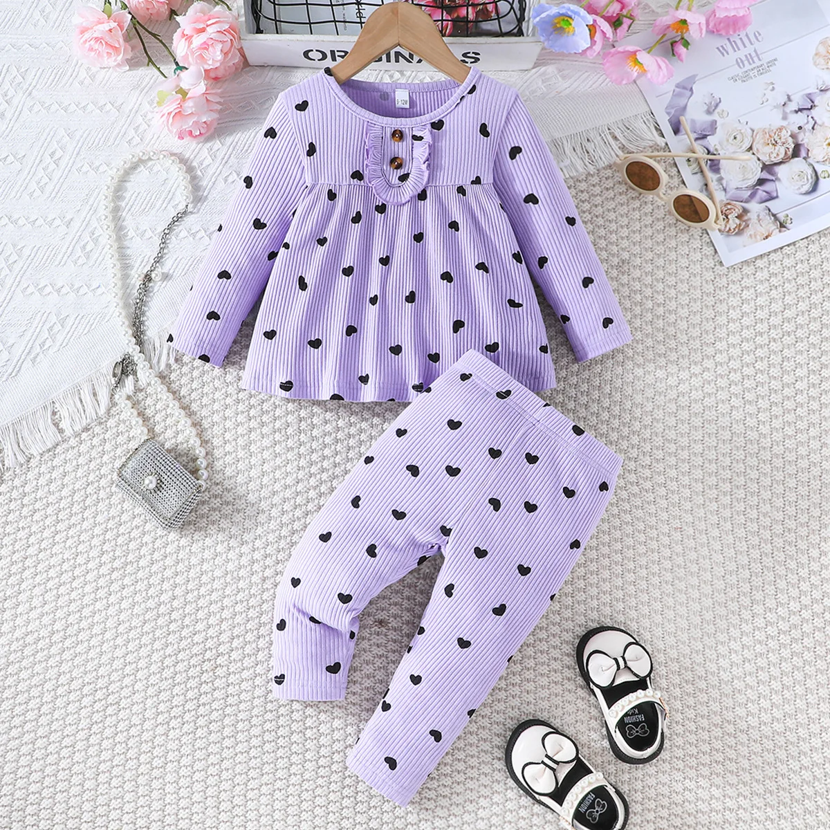 2024 New Winter Children Sets Long Sleeve O Neck Print Heart Purple Trousers 2 Pcs Roupa Infantil Menina Clothes Sets 0-2T