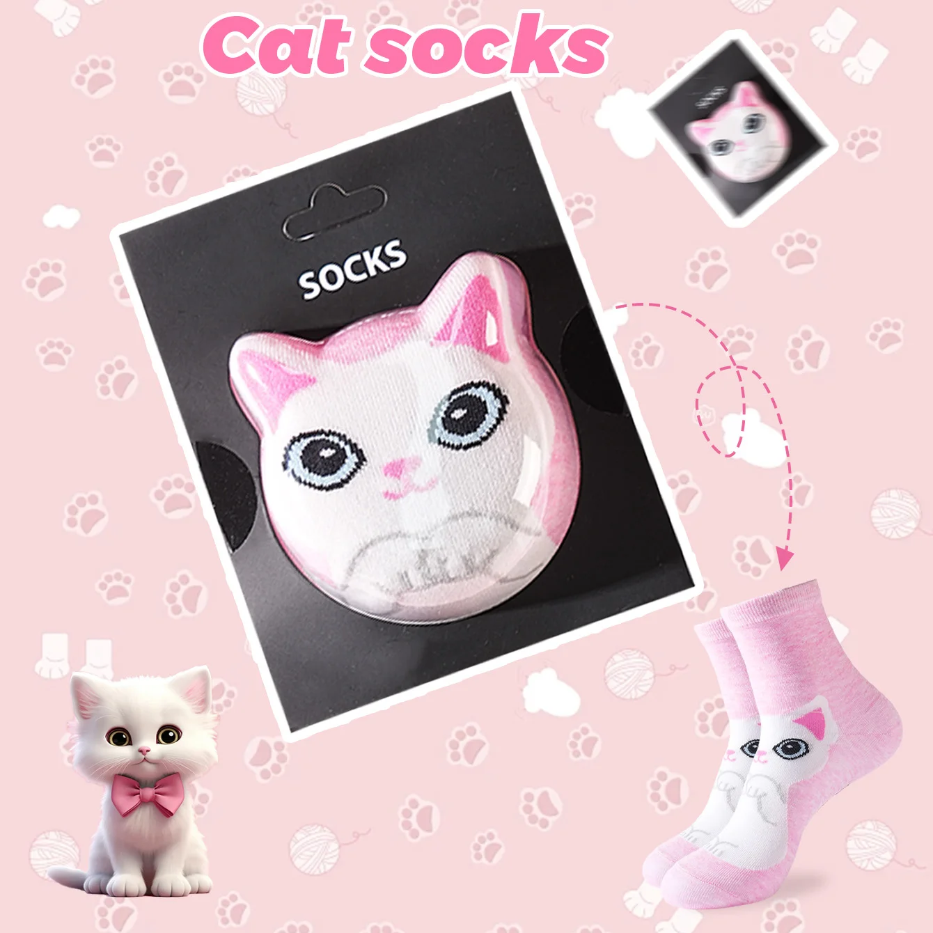 1 pair of unisex mid-calf socks with a novel and interesting animal cat design, gift box socks, creative socks, fashionable and trendy style, comfortable and breathable, suitable for parties, casual wear, Valentine's Day, Halloween, birthdays, Christmas, New Year, Thanksgiving, autumn and winter, all-season style, creative gift box