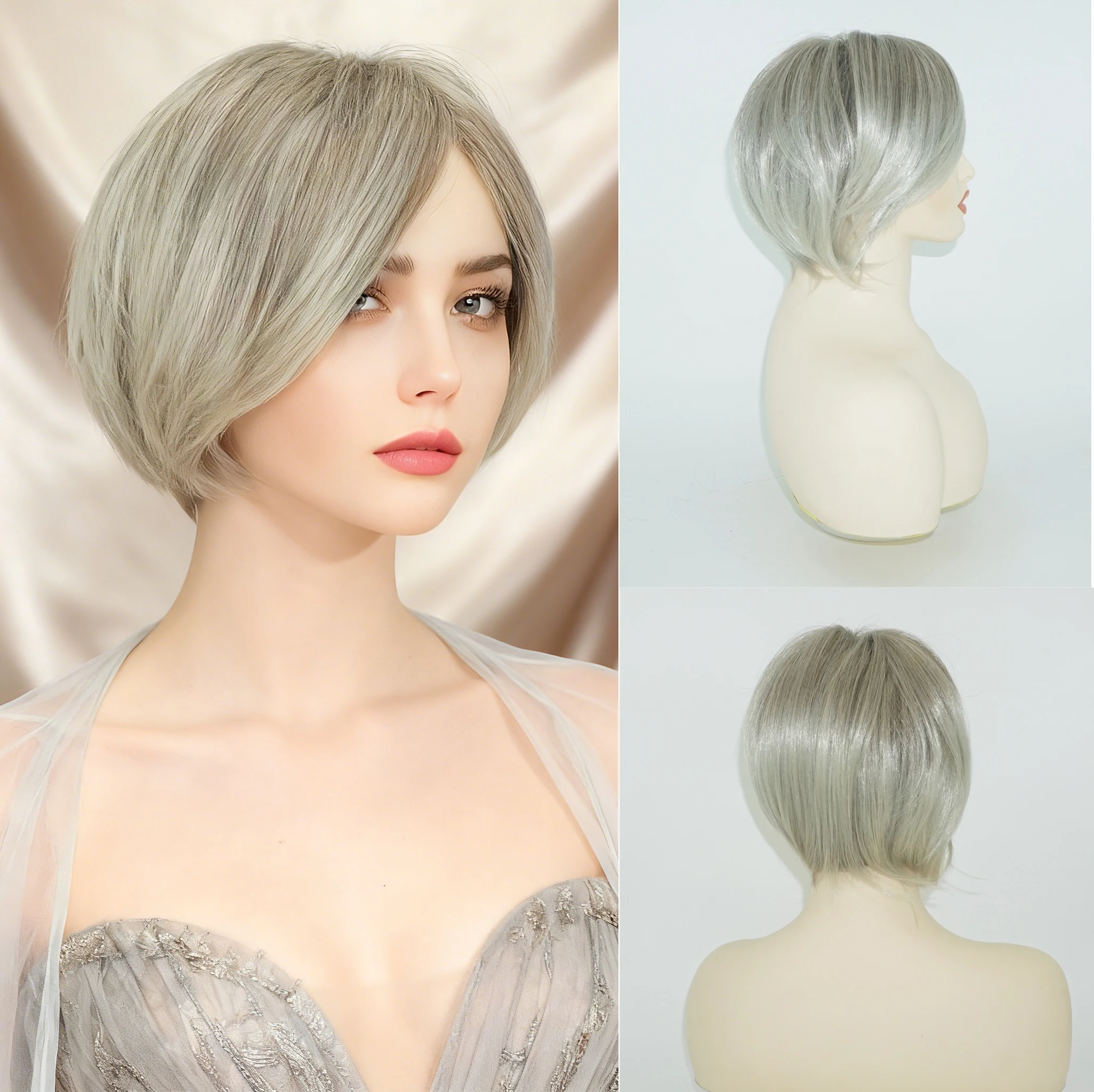 

Женский модный градиентный светло-серый синтетический парик с волнистой головкой, короткие волосы, подходящий для повседневного ношения, вечеринки или ролевых игр, парик для повседневной жизни