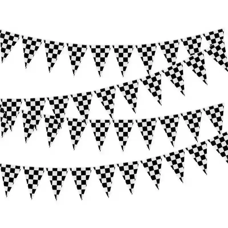 38PCS Auto Racing Checkered Flag F1 Sport Triangle 14x21cm Black White Chequered Printed Hanging Flags String Banners Decoration