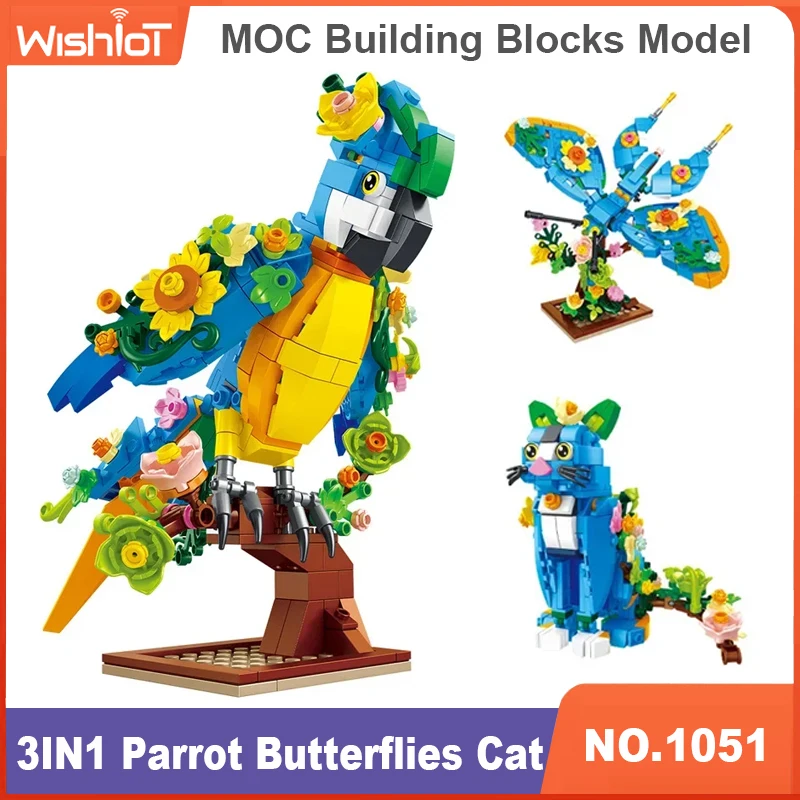 

3 IN 1 Parrot Bird Model Butterflies Cat 3 Transform Building Block Sets MOC Animal Creative Bricks Toys For Kids Boys Gift