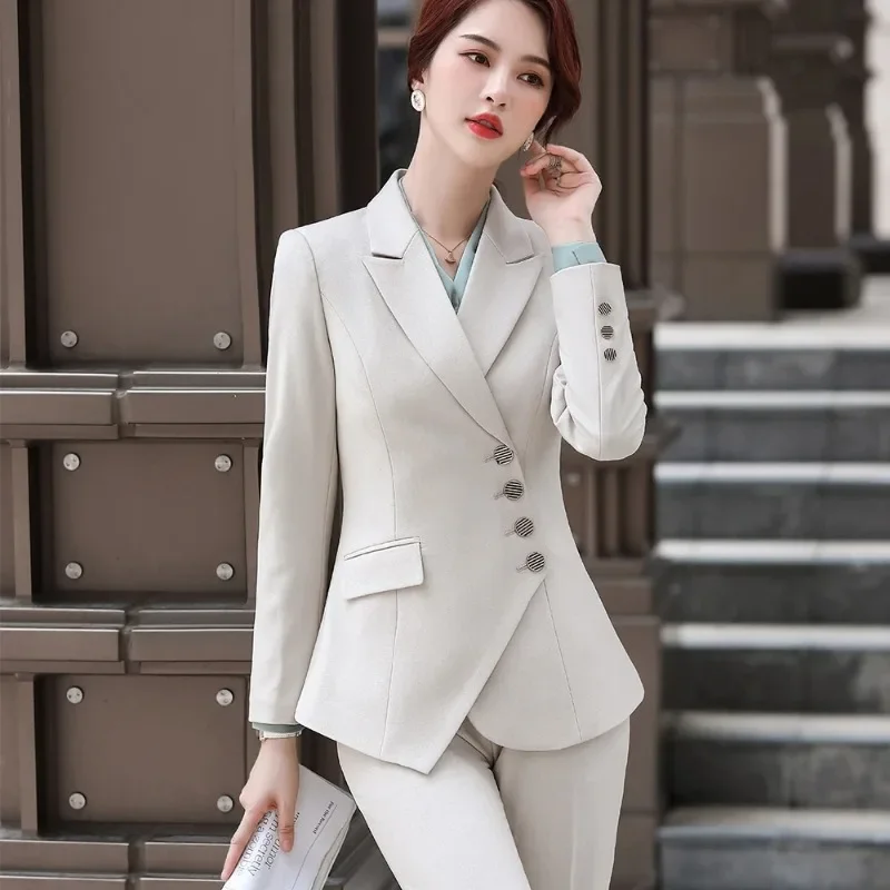 Celana Formal asimetris wanita, setelan Blazer Khaki mode 5XL, Set 2 potong jaket musim dingin dengan celana panjang