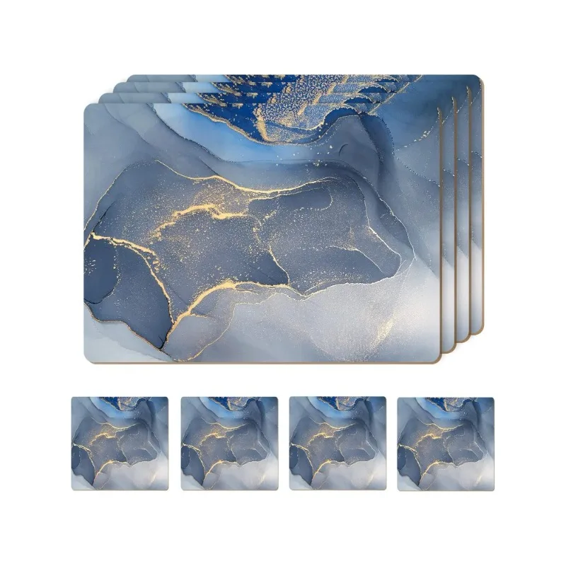 Set of 4 Heat Resistan Coasters Marble Design 16 x 12 Inches Cork Backed Hard Placemats (Blue & Gold)