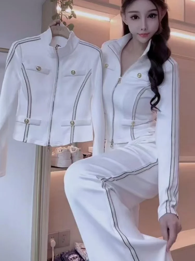 

Spring Autumn New White Elegant Suit Women's Slim Stand Collar Short Jacket + High Wide Leg Pants Commuting Two Piece Set