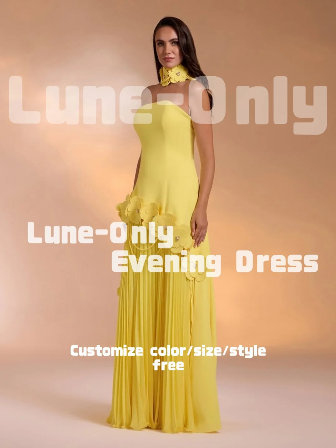 カスタマイズされた黄色のストラップレスの花高級女性のイブニングドレスフォーマルな機会のためのプリーツノースリーブウエディングドレスパーティードレス