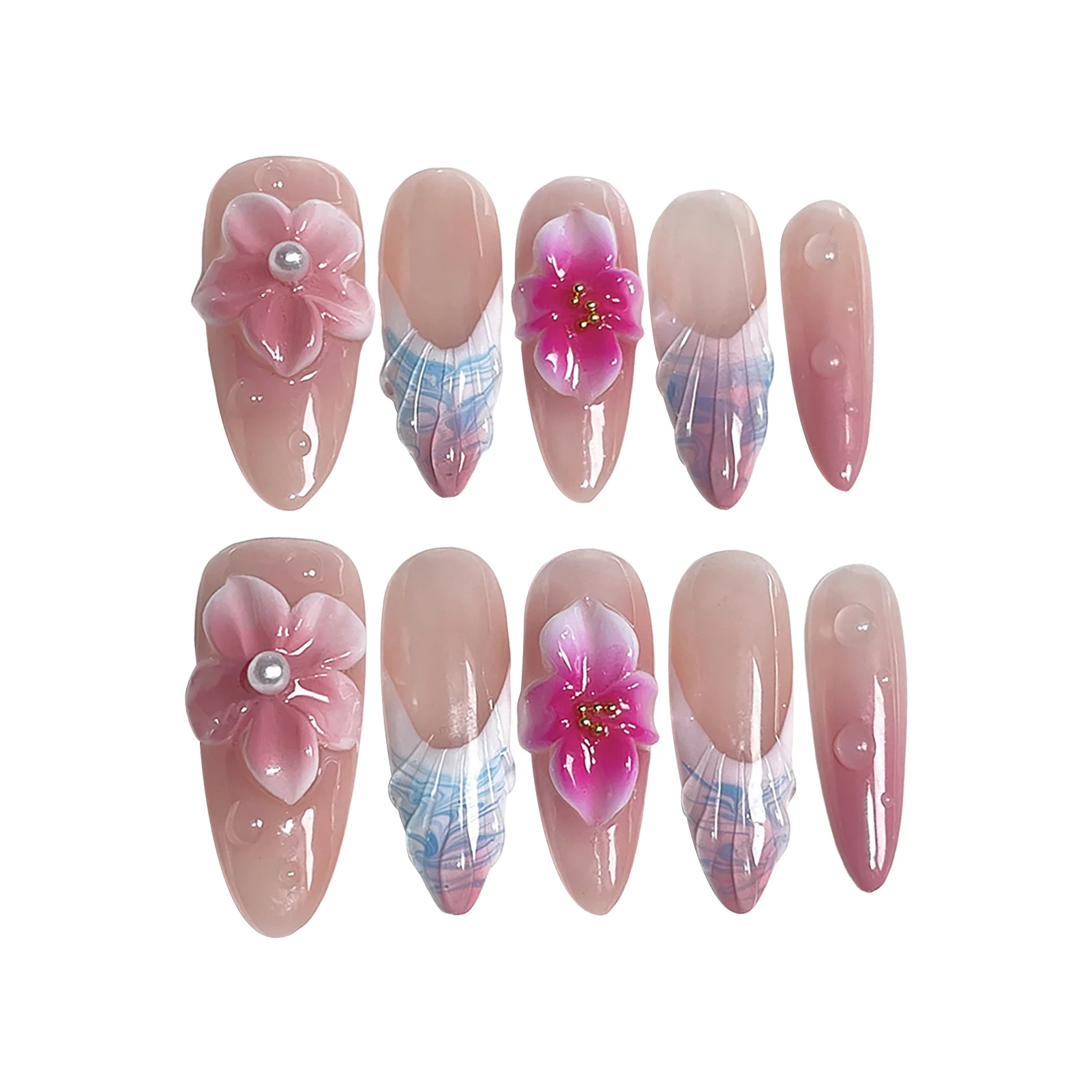 10 قطعة الأظافر وهمية لامعة عارية مع زهرة ثلاثية الأبعاد اليدوية أحمر الخدود طويل اللوز اضغط على مسمار اللؤلؤ تصميم أظافر صناعية للتقليم