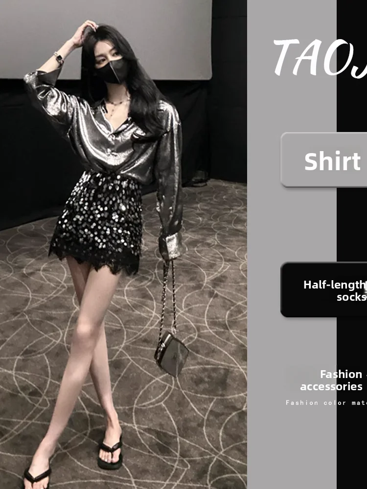 Fashionable Satin Women's Set Autumn Casual Loose Shirt Sequin  Skirt Two-Piece Ensemble Long Sleeve  Collar Button up
