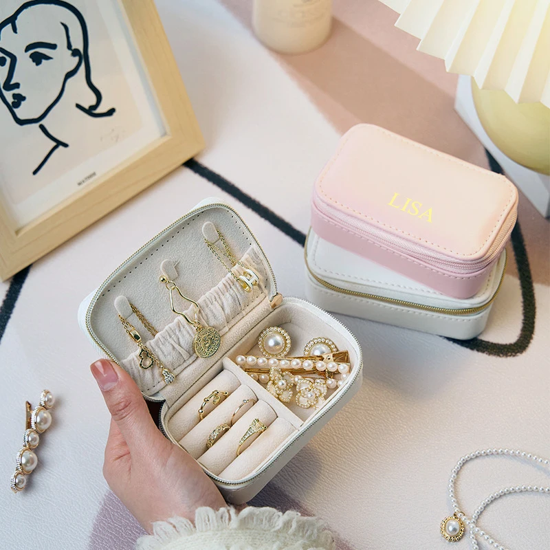 Travel Zipper Watrproof Jewelry Box Protective Engrave Name Luxury Storage Box Woman Portable Necklace Earring Jewelry Case Gift