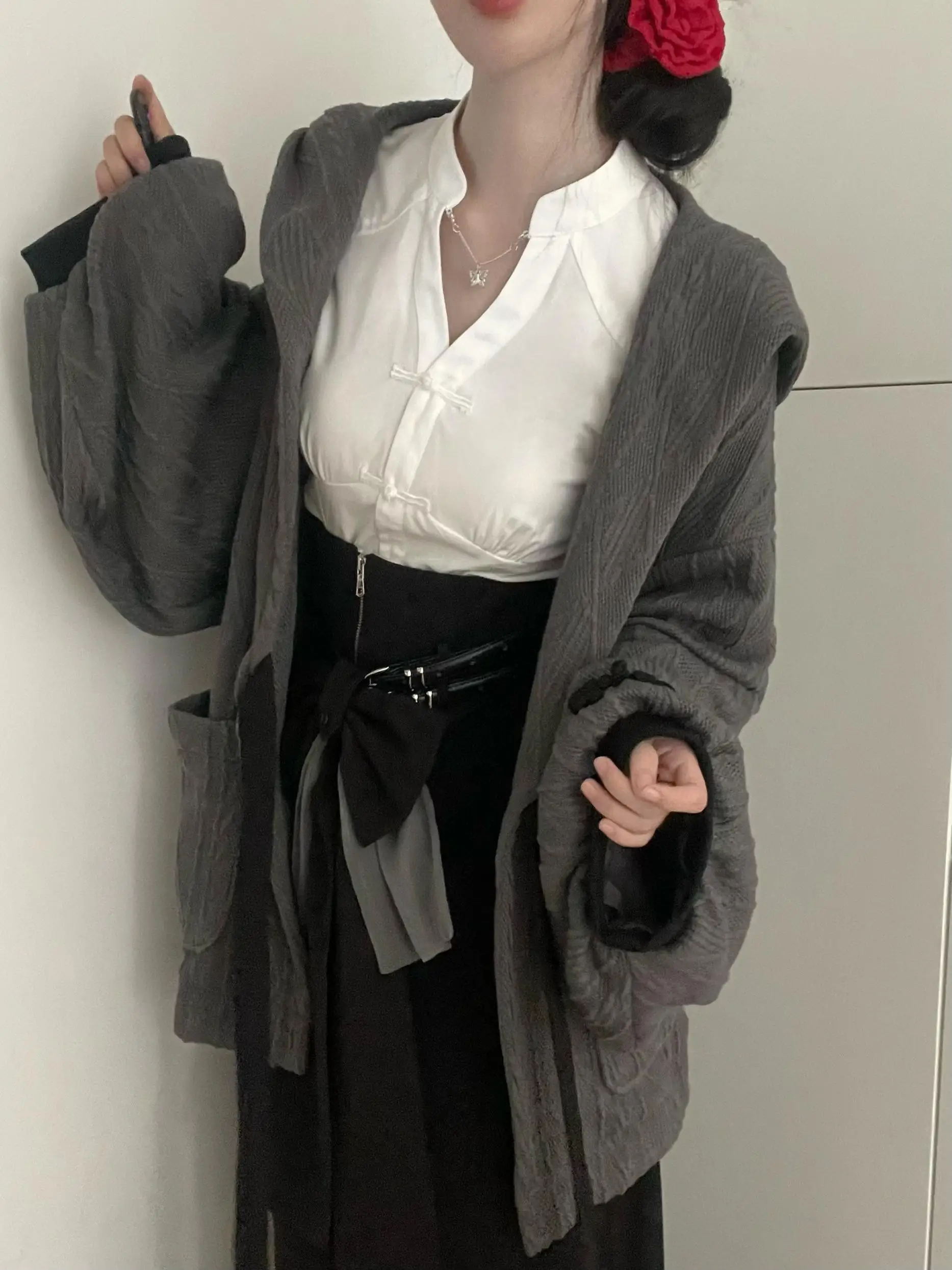 New Autumn Chinese Style Loose Knitted Cardigan Coat Slim White Shirt Wide-leg Pants Cool Knight Women Girls Pants Set Outfits