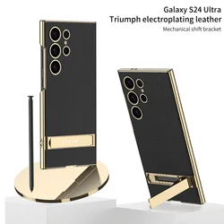 For Samsung Galaxy S25 S26 Ultra S24 Case Luxury Electroplated Gold Border Plain Leather Bracket Shockproof Cover Accessories