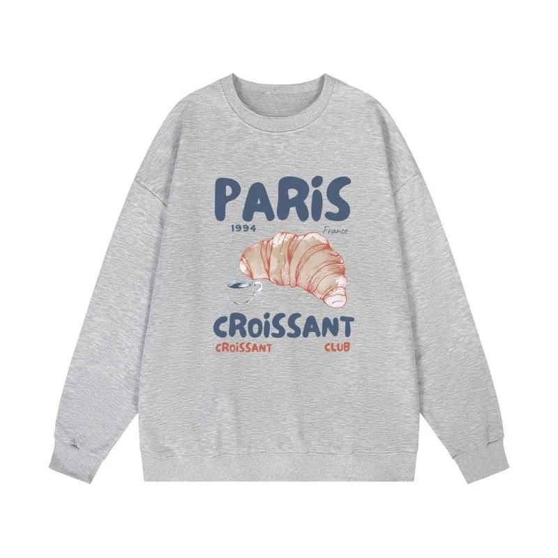 เสื้อสตรีลายกราฟิกวินเทจ ลายตัวอักษรปารีส ครัวซองต์ เสื้อสเวตเชิ้ตมีฮู้ด คอกลม แฟชั่น เสื้อผ้าผู้หญิง