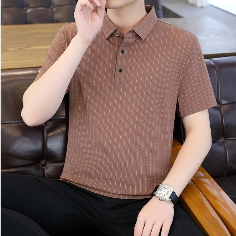 Summer Casual Polo Shirt Men Perming Free Ice Silk Casual Lapel Short Sleeve T-shirt Social Party Streetwear Tee Men Clothing