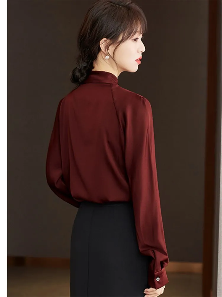 Elegant Ribbon Pile Collar Long Sleeve Wine Red Blouse Women Tops Spring Autumn Office Lady Loose Bussiness Casual Shirt D2184