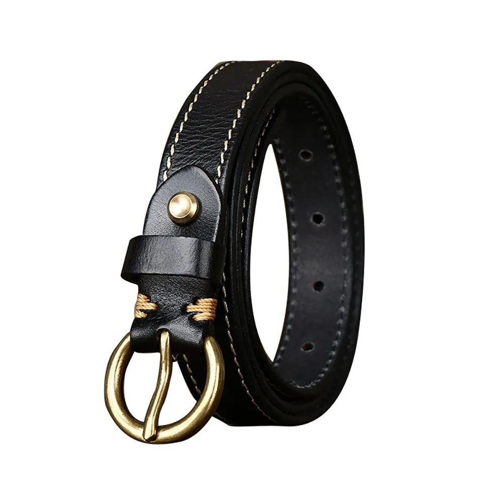 Fashion Retro 2.4CM Wide Trendy Decorative Thin Stitching Belt with Copper Buckle Genuine Cowhide Leather Jeans Belt for Women