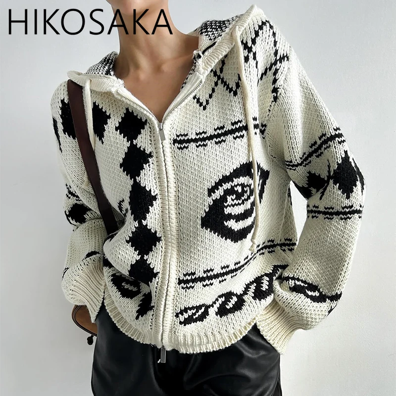 Fresh Sweet Graphic Jacquard Christmas Sweater Loose Casual Zipper Hooded Jumpers Autumn Winter Korean Chic Long Sleeve Cardigan