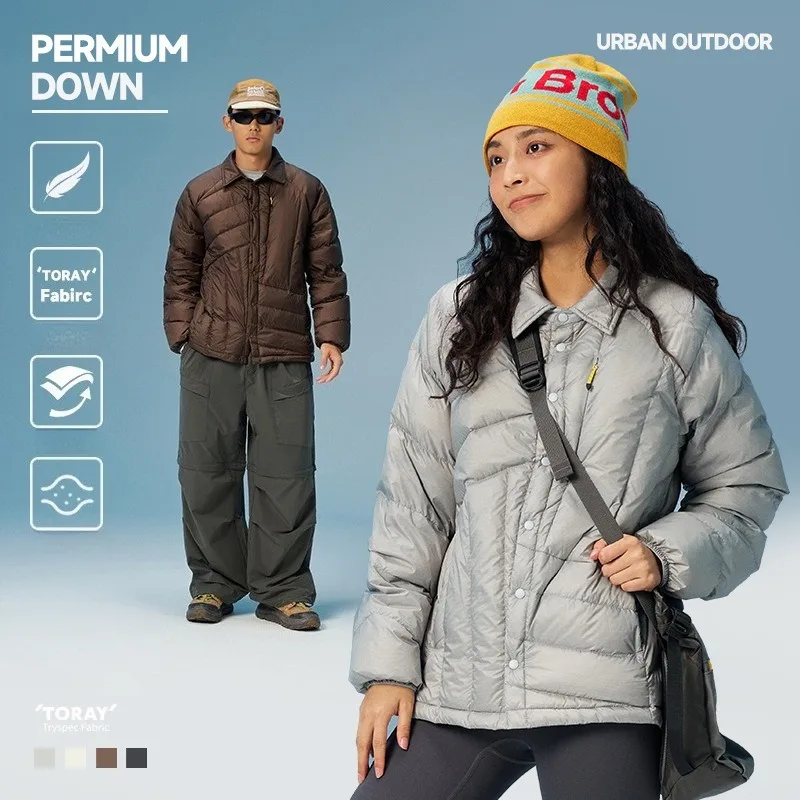 Unisex Fabric Down Shirt Jacket - Lightweight 90% White Duck Down Puffer with Irregular Collar for Urban Outdoor Style