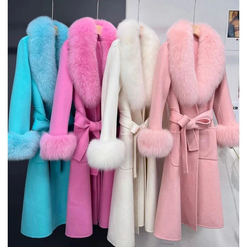 

Julypalette White Fox Big Fur Collar Wool Coats Women Natural Fox Fur Coat Winter Warm Midi Length Office Lady Cashmere Outwear