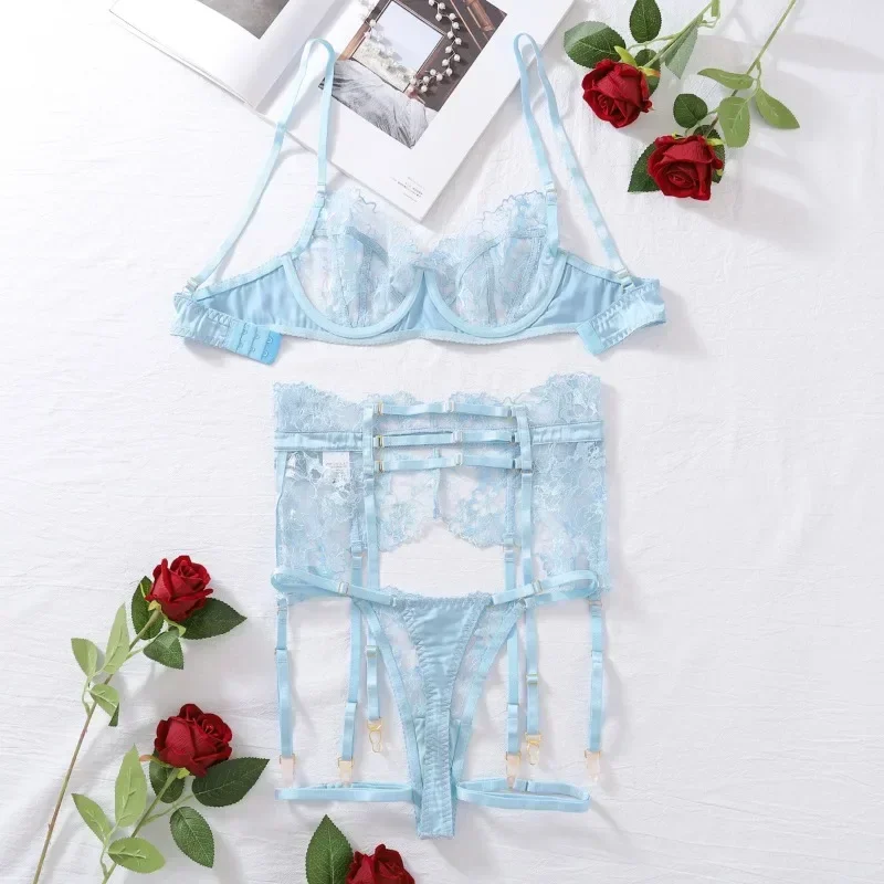 CHUANGERM Sexy Cut Out Fancy Lingerie Lace Garters  Underwear Transparent Embroidery 4-Piece  Sensual Intimate Underwear Set Kit