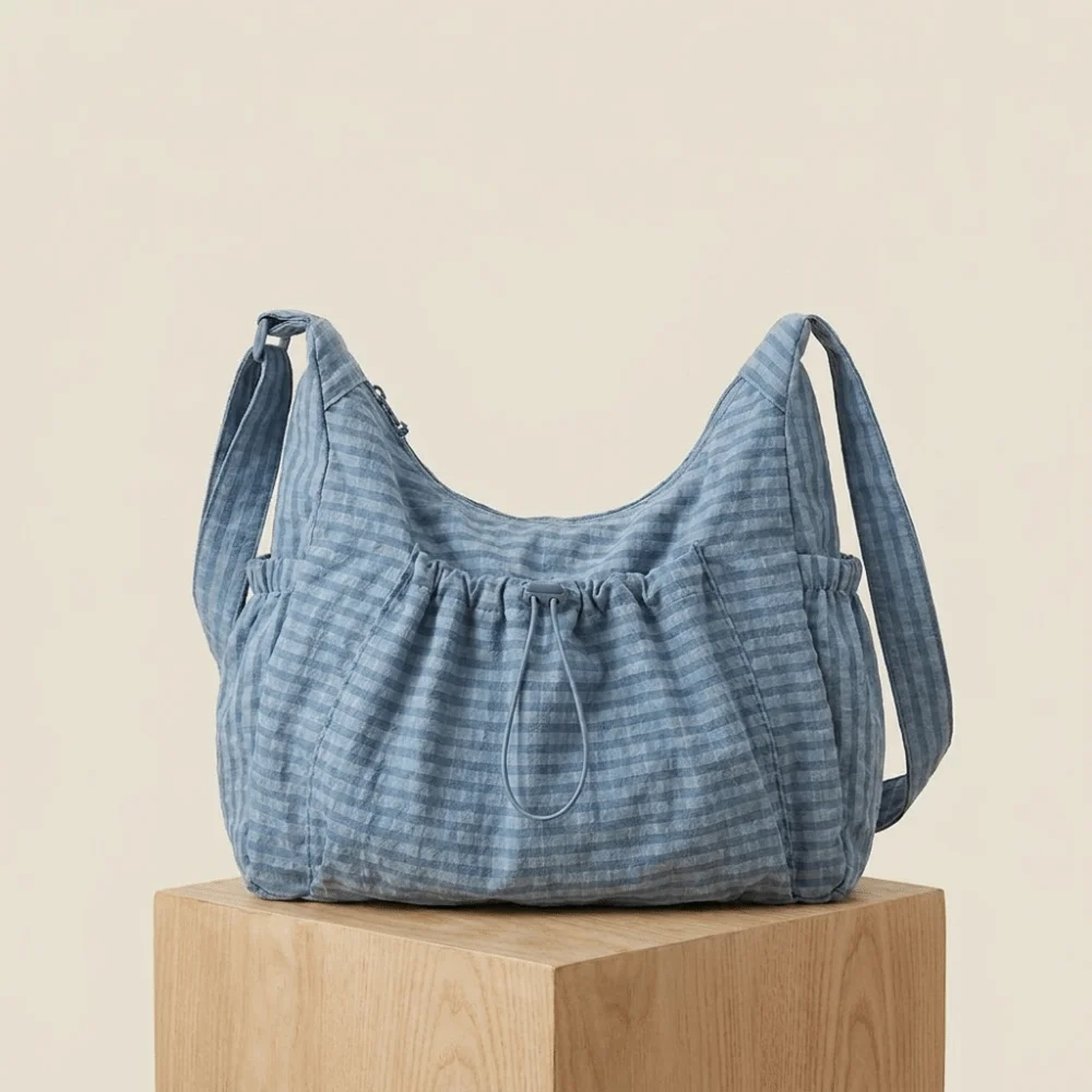 Casual Striped Shoulder Bag Zipper Closure Large Capacity Nylon Crossbody Bag Drawstring Design Plaid Pattern Tote Bag School
