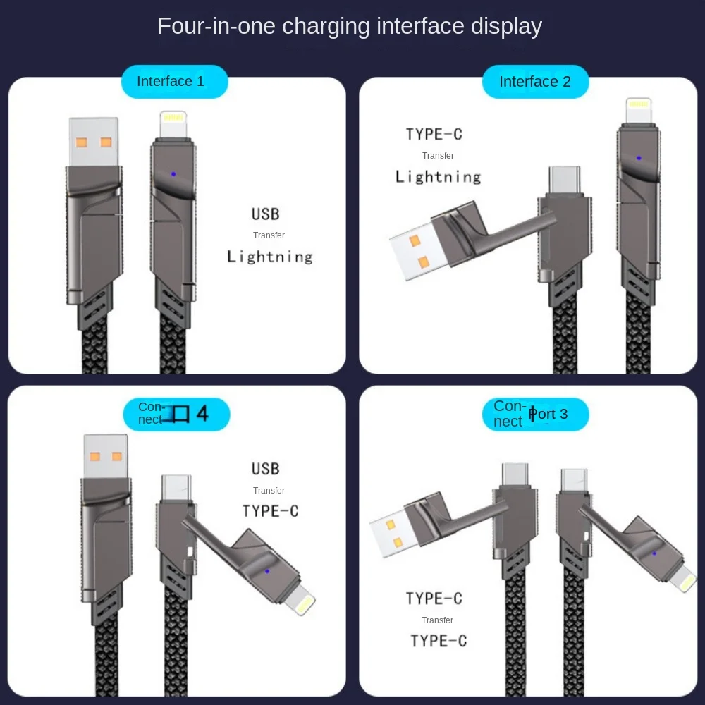 100W Super Fast Charging Four-in-one Charging Cable, One to Four Braided Data Cable, Suitable for Apple and Huawei PD Fast Charg