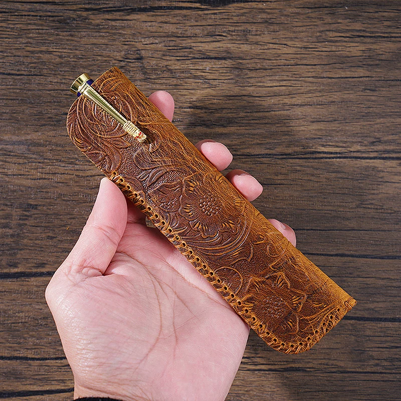 Relief Design Handmade Pencil Bag Retro Pen Bag Genuine Leather Embossing Flower Pen Pouch Gift Protection Bag Stationery Holder