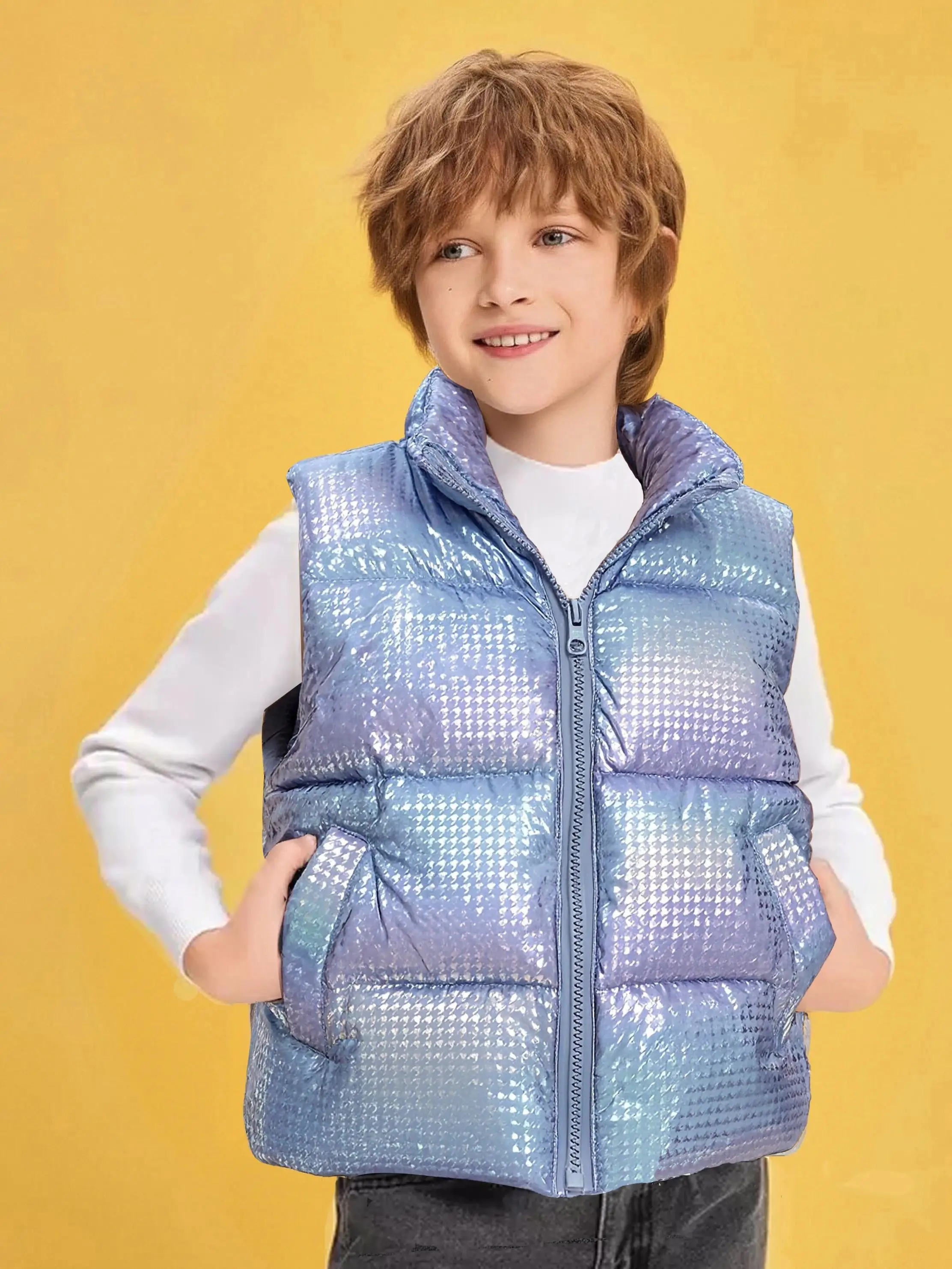 Children Eden 3-10yrs old Fashion Stand Collar Gradient Houndstooth Fleece Vest for Boys Casual With Pocket All-match Outwear