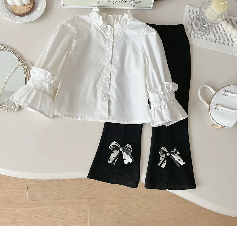 

New Baby Girls Fall Fashion Sets White Blouse + Black Pants Princess Elegant Suits 2-7T