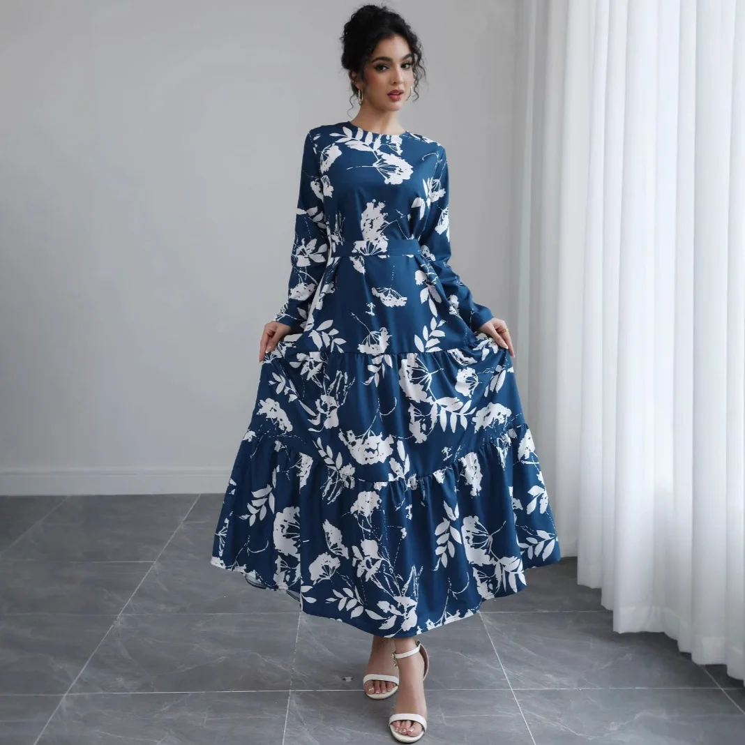 프랑스 스타일의 새로운 패션 여성의 파란색 꽃무늬 프린트 캐주얼 트렌디 심플 기본 긴 소매 발목 길이 오-넥 드레스 여성