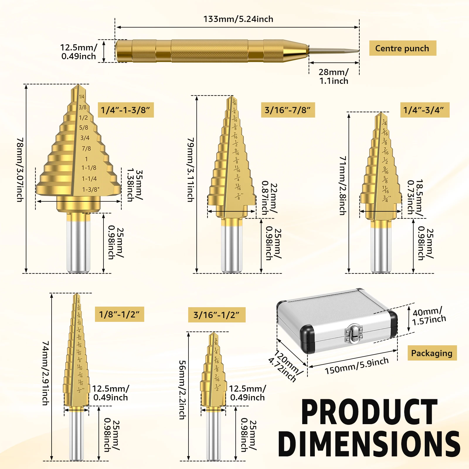 6Pcs HSS Titanium Step Drill Bit Set 3/16-1-3/8