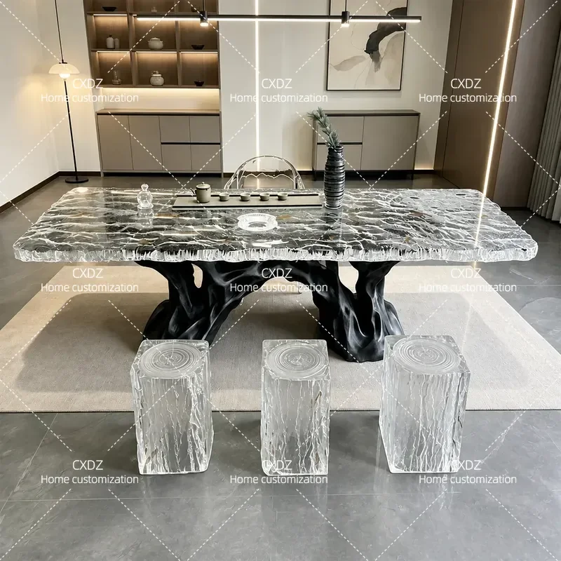 Transparent Glacier Resin Tea Table with Ice Pattern and Tree Root Base Light Luxury Style for Tea Room Customizable Tea