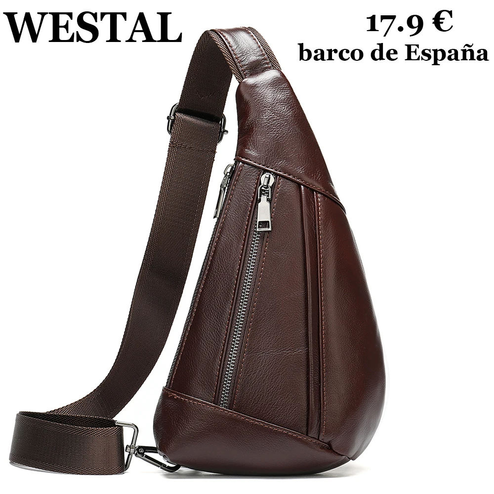 WESTAL Spain Chest Bag For Men Coffee Genuine Leather Banana Shape One Shoulder Backpack Shoulder Bag Husband Casual Phone Pouch