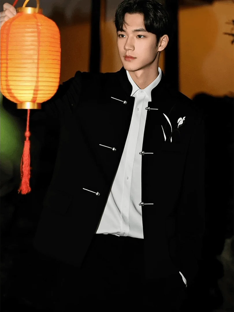 

New Chinese Sle Embroidered Stand Collar Suit Jaet Men's Wedding Ceremony Clothing Long Sve Stand Fit Casual Suit