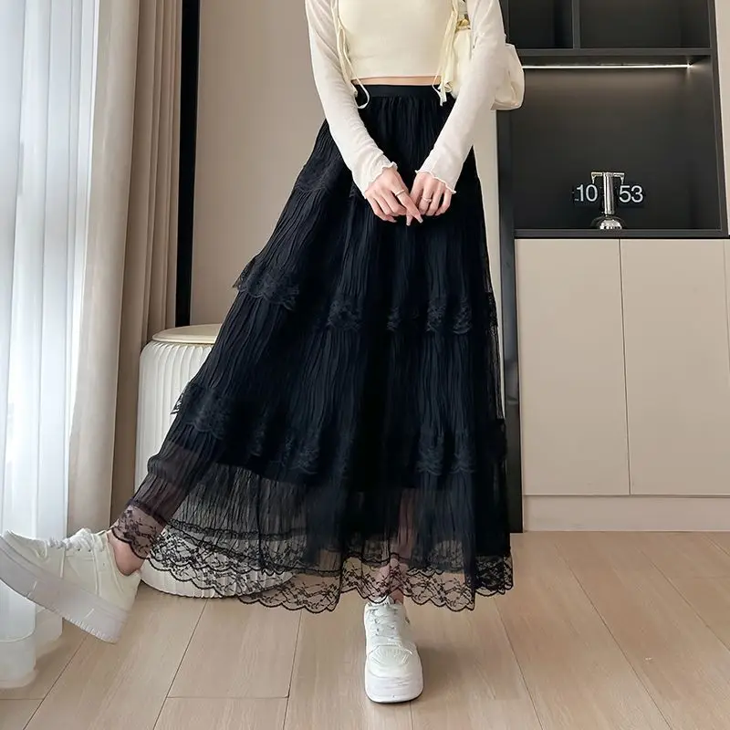 الحلو بلون تقسم الدانتيل ألف خط التنانير الملابس النسائية 2025 صيف جديد فضفاض الشباب نمط مرونة عالية الخصر ماكسي تنورة #6