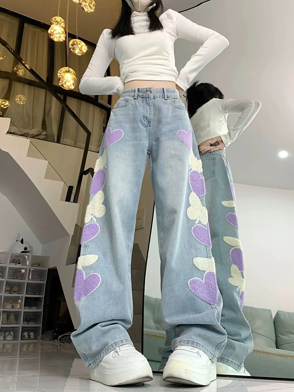 

New Hong Kong style light blue butterfly design autumn and winter embroidered jeans casual wide-leg loose high-waisted pants tem