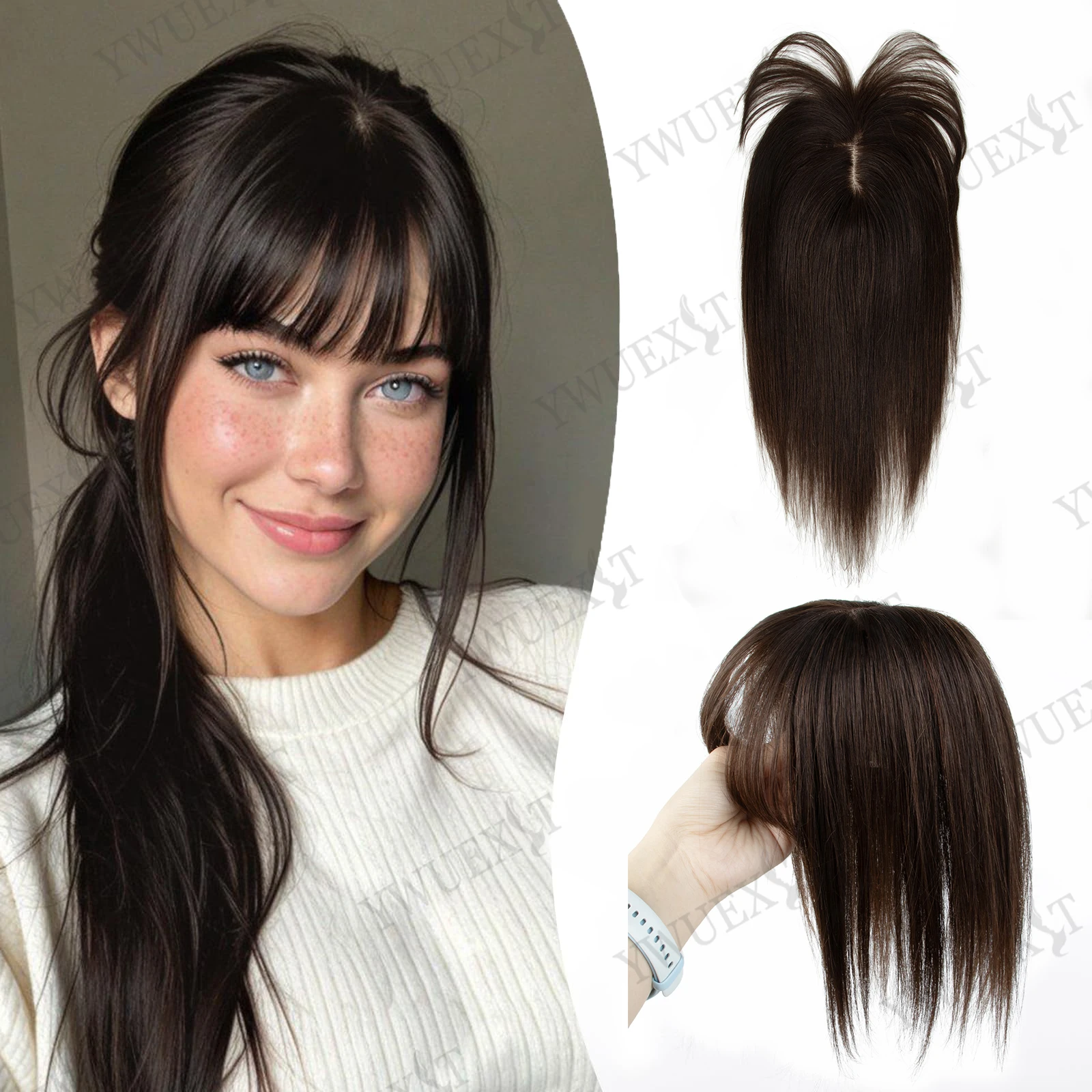 

Топпер из натуральных волос с челкой 360° ° Кружевная заколка 8*12 см для покрытия истонченных волос и седых волос на верхней короне, полное покрытие