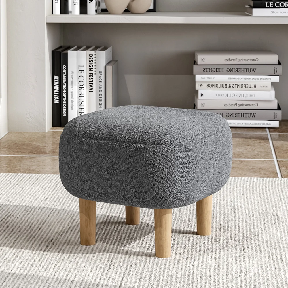 Beige/Grey Footstool Pouffe Stool with Wooden Legs