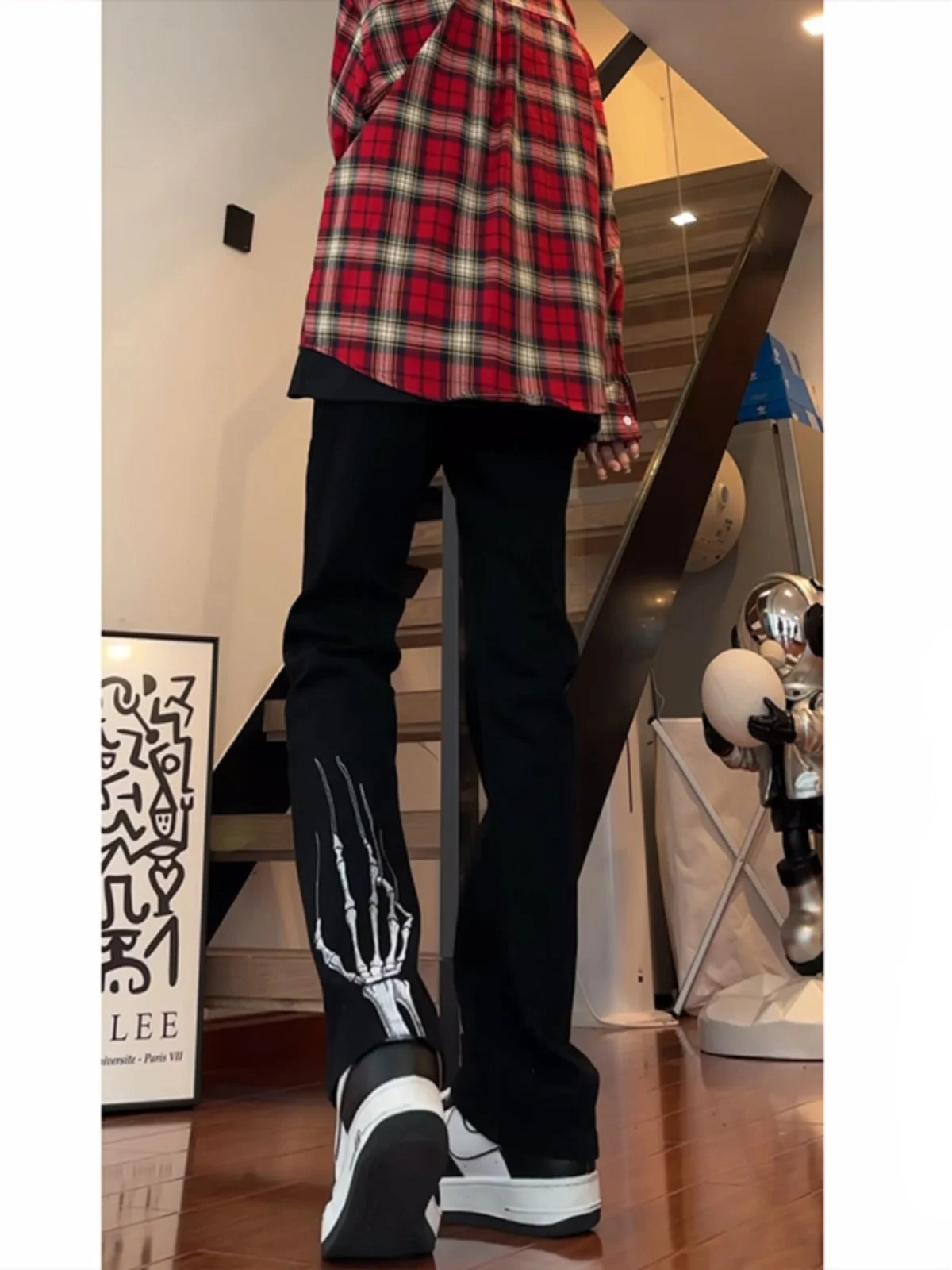 

American High Street Vibe Men's Skinny Jeans Skeleton Hand Claw Design CleanFit Straight Leg Micro Flared Pants Youth Faion