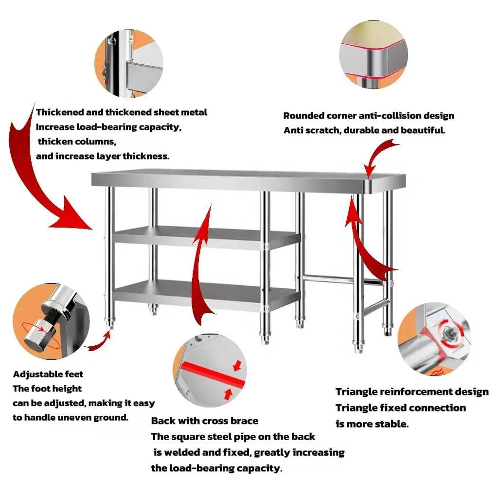 Stainless Steel Heavy-Duty Anti-Corrosion Workbenches for Commercial Hotel Restaurants Kitchen Food Preparation 1000 Kg/m Load