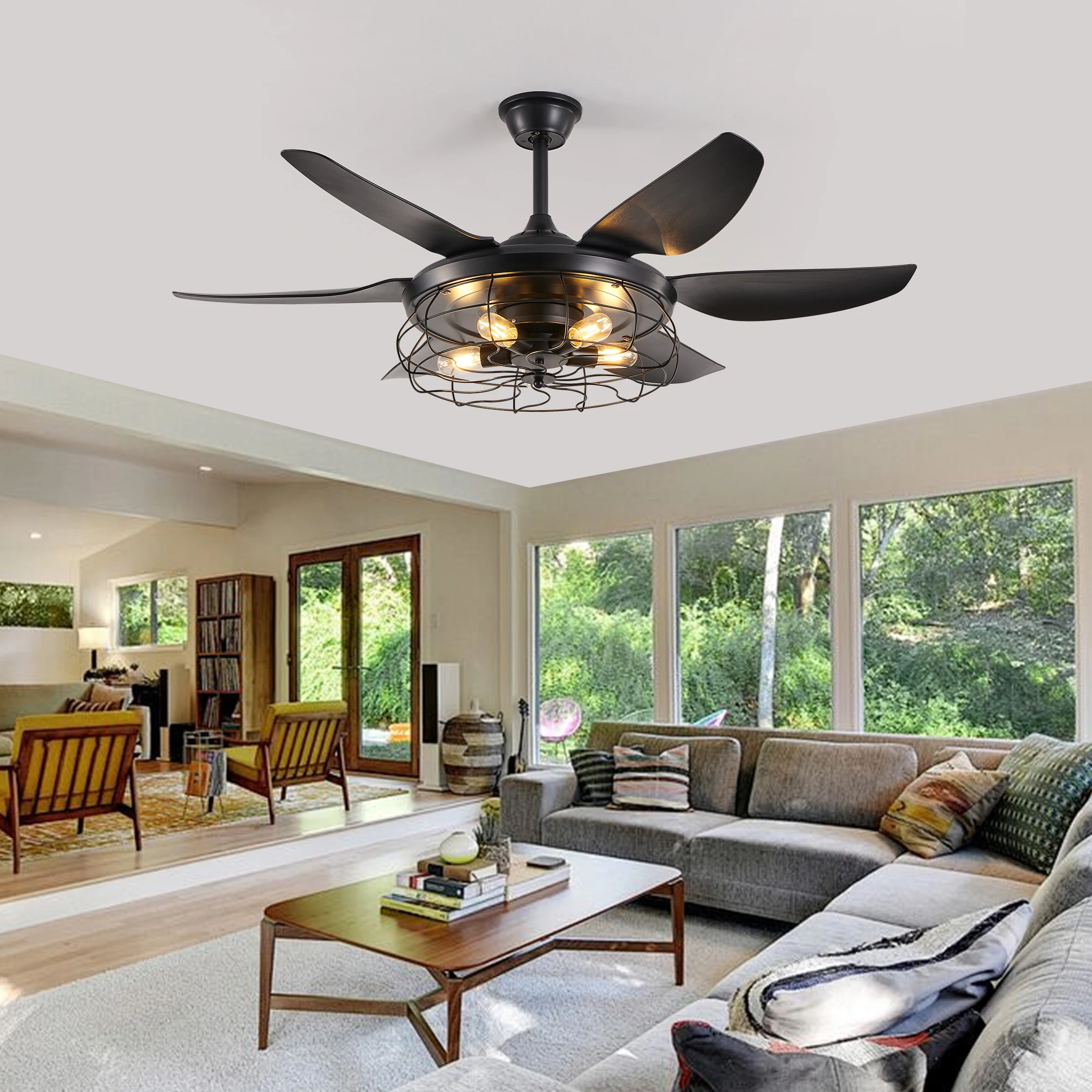 52" Modern Cage Design Black Ceiling Fan Light Remote Control 6 Fan Blades Adjustable Speed for Living Room Bedroom Dining Room