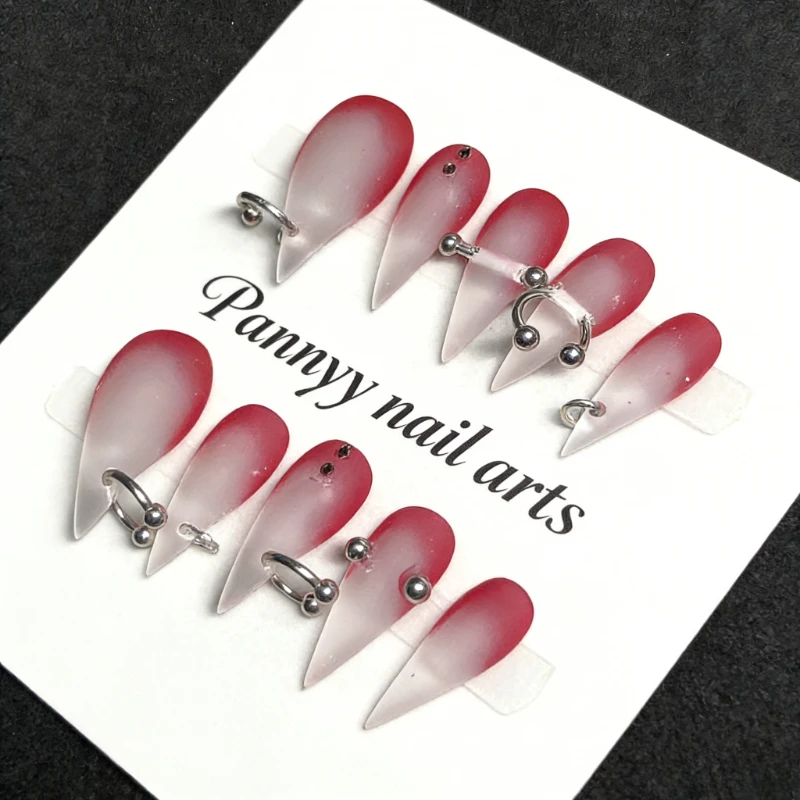 

10pcs Short Stiletto Press on Nails Pink Ombre with Metal Piercing Decor Edgy Y2K Handmade Fake Nails Tips for Street Looks