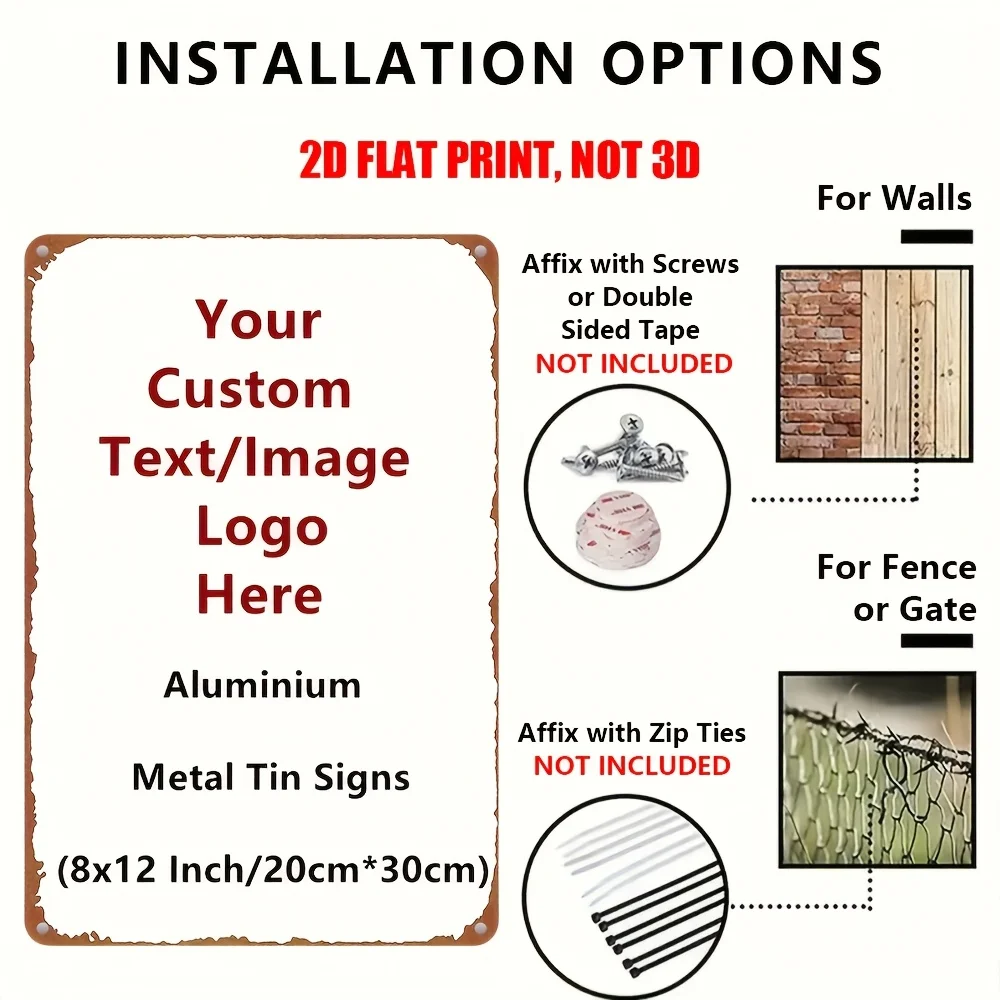 Custom Text Image Logo Metal Sign,12×8 Inch Vintage Distressed Plaque Pre‑Drilled Waterproof for Indoor Outdoor Fence Wall Decor