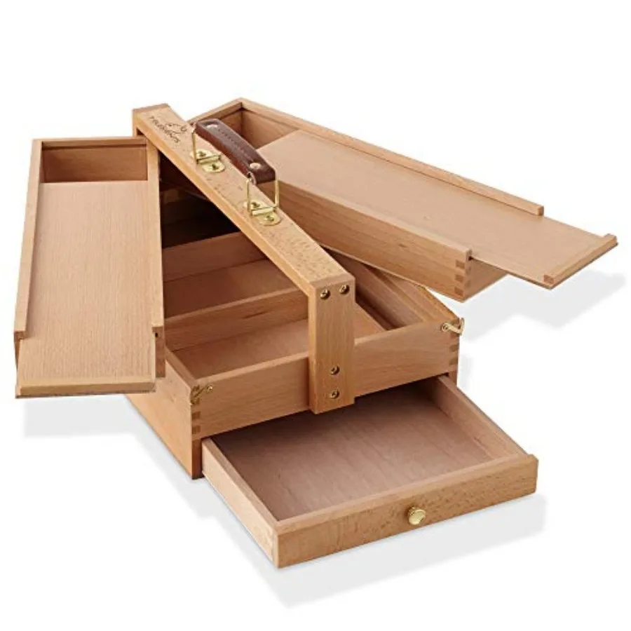 

7 Elements Wooden Multi-Function Artist Tool and Brush Storage Box - Beechwood Art Supply Organizer with Drawers