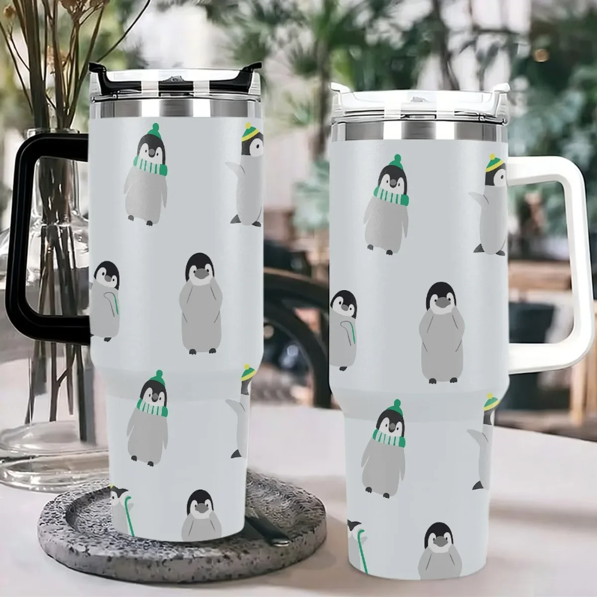 40oz Tumbler with Handle Cute Winter Penguin Print Insulated Cup, Other colors sold out, random black or white shipment for other color orders