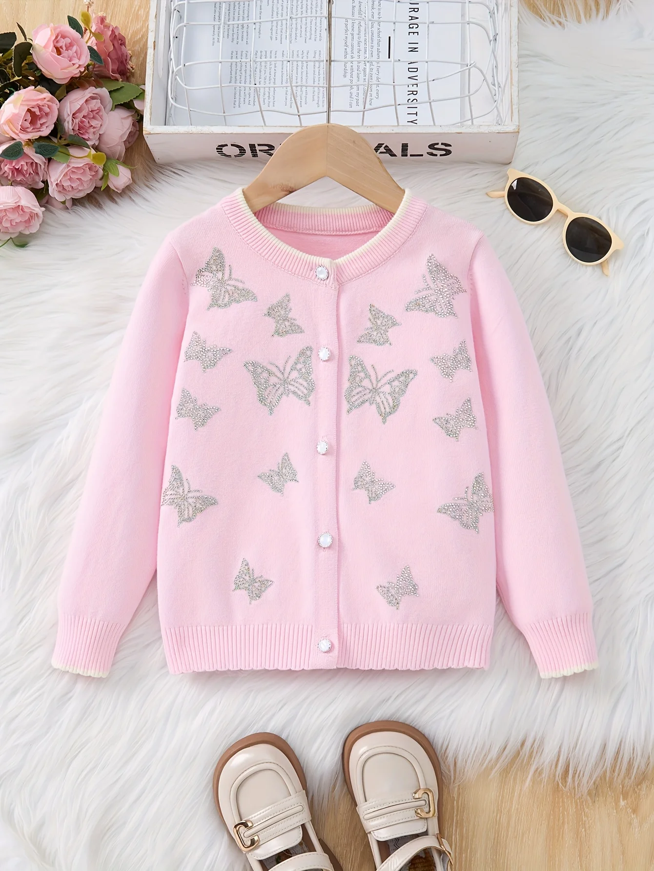 

Girls' Soft Pink Butterfly Knit Cardigan - European-style Sweater with Button Front, for Toddlers & Kids, Perfect for Parties
