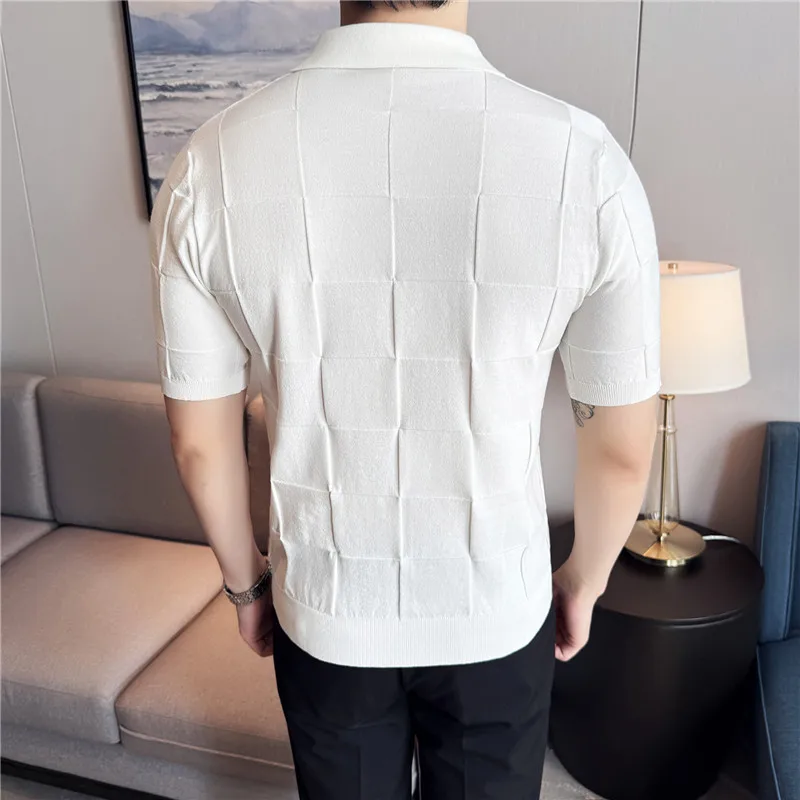 Men'S Knitted Plaid Solid Color Half Sleeve Base Shirt New Men'S Stretch Short Sleeve Shirt Versatile