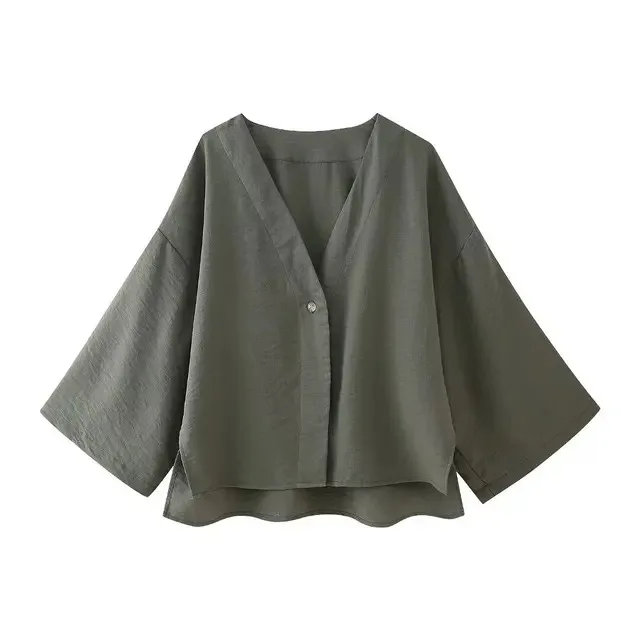 BabYoung-Blusa de manga larga con cuello en V para Mujer, camisa Kimono recortada de mezcla de lino, elegante, para oficina, Verano